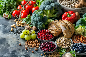 omega-3, high fruits, with vegetables, pasta, nutrition in wheat nuts, whole antioxidants, herbs, vegan vitamins foods anthocyanins, selective focus