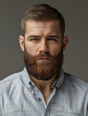 Obraz premium Close-up photo of a man with a neat beard and combed hair in a light blue shirt exuding confidence on a plain backdrop