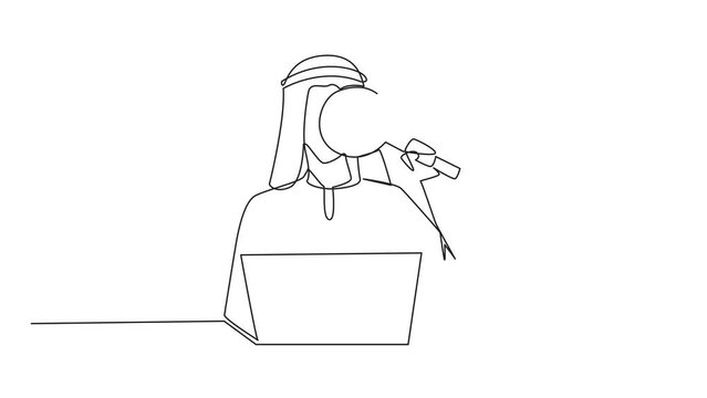 Self drawing animation of single line drawing the circle of magnifiers highlights to young successful Arabian businesswoman. Resembles an avatar for photos on social media. Full length animated