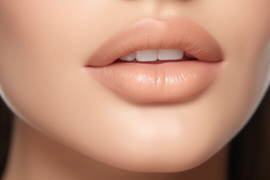 women's lips in close-up painted with bright beige color thick lipstick