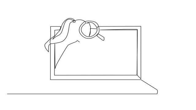 Animation of one line drawing of continuous one line drawing of businesswoman came out of the laptop screen holding the magnifier. Finding online networking to sustain his business. Full length motion