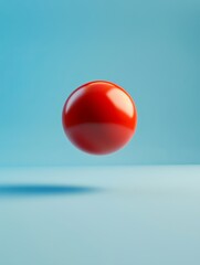 A red simple sphere on blue background. shiny ball floating on air. isolated on light cyan backdrop. minimal 3D render. cute bounce ball game style. round toy flying, AI Generated.