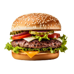 a small beef burger, Isolated on transparent PNG background, Generative ai