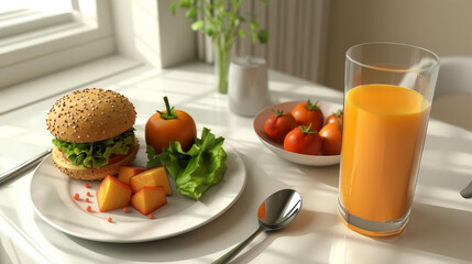 A plate of food and a glass of orange juice sit on a table