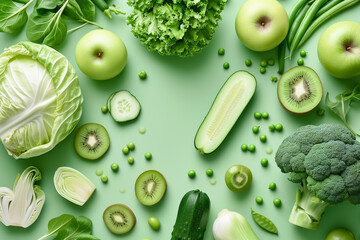 set of healthy vegetables, cabbage, broccoli, green beans, zucchini, cucumber, apple, kiwi, lemongrass lettuce salad, pea on pastel green background, top view, free copy space