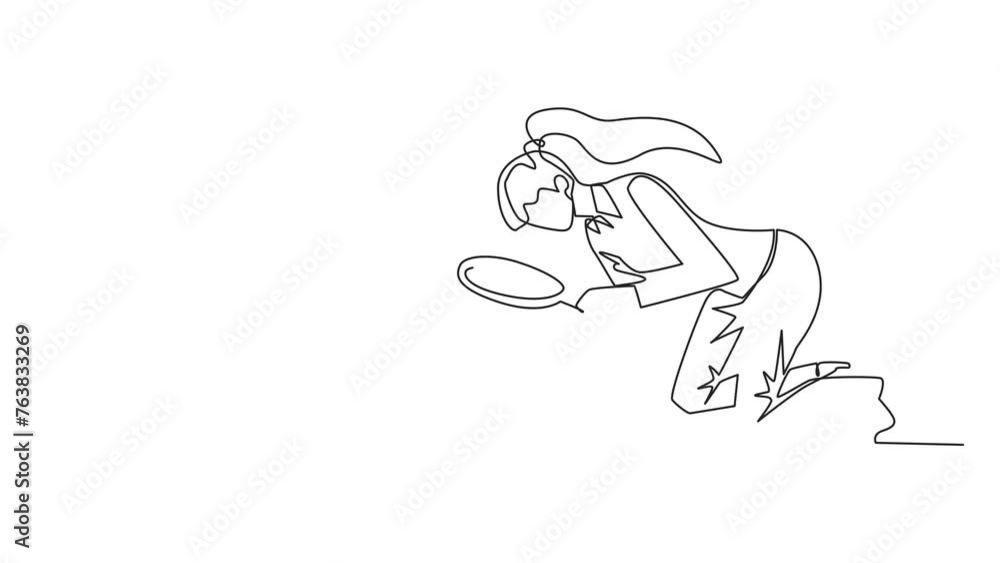 Poster self drawing animation of single continuous line drawing of businesswoman looked down checking arrow