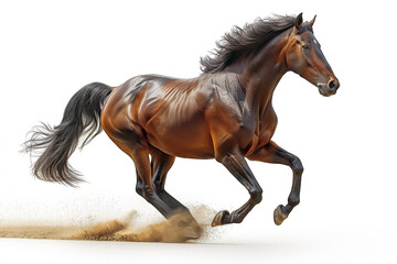 adult Arab beautiful dark stallion purebred gallops isolated on a white background