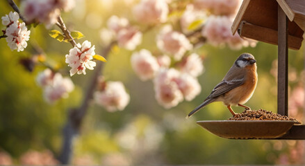 Cute little bird eating from bird feeder hanging in the garden - 763833283