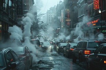 Air Pollution comes from dense car traffic in city professional photography