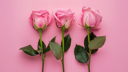 Floral composition with a pink roses on pink background. Valentine's Day background. Flat lay, top view.,Generative ai 