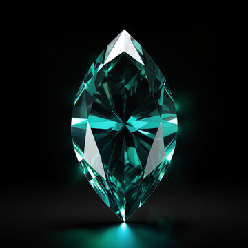 faceted turquoise crystal fusiform transparent  polished, black background, precious stone