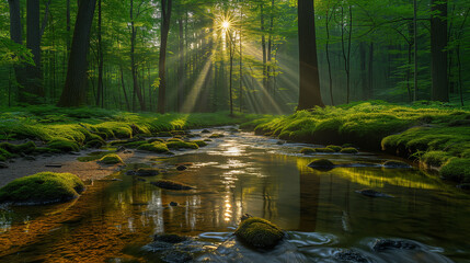 光が差し込む森に流れる川
