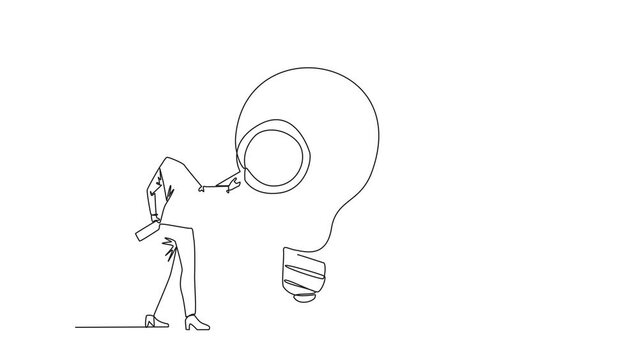 Self drawing animation of continuous one line drawing of businesswoman stood holding magnifier and inspected the lightbulb. Businesswoman are looking for new ideas, fresh ideas. Full length animated