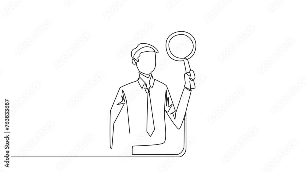 Poster Animation of one line drawing of continuous one line drawing businessman came out of the smartphone screen holding the magnifier. Utilizing internet technology on smartphones. Full length motion