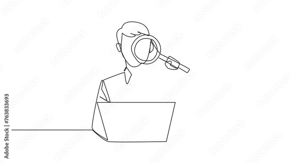 Poster animated self drawing of single continuous line drawing businessman is typing in front of a laptop c