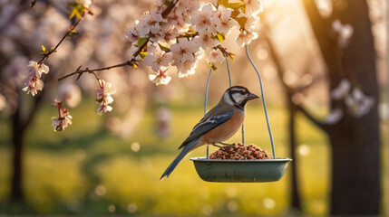 Cute little bird eating from bird feeder hanging in the garden - obrazy, fototapety, plakaty