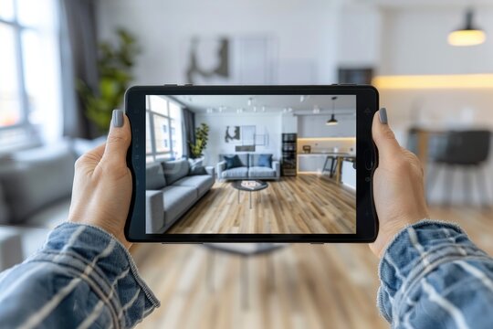 A tablet is being held up to a picture of a living room