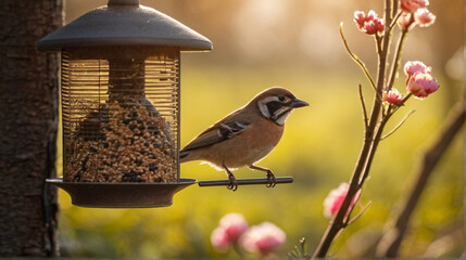 Cute little bird eating from bird feeder hanging in the garden - 763833831