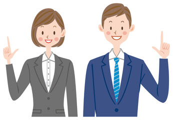 説明する会社員　新入社員　社会人　指差しをするスーツを着た男女