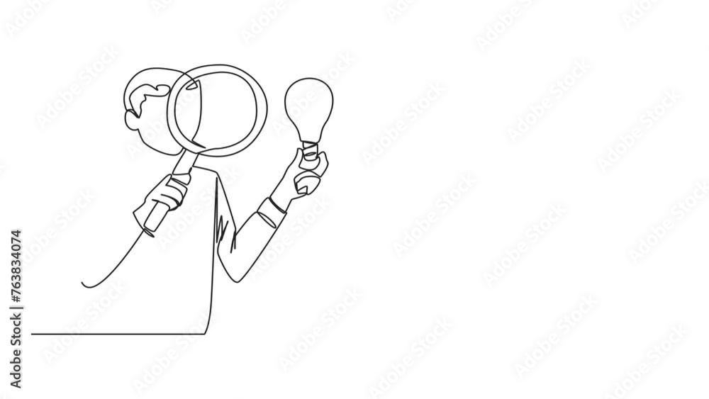 Aufkleber self drawing animation of single one line drawing young businessman inspects lightbulb he holds with