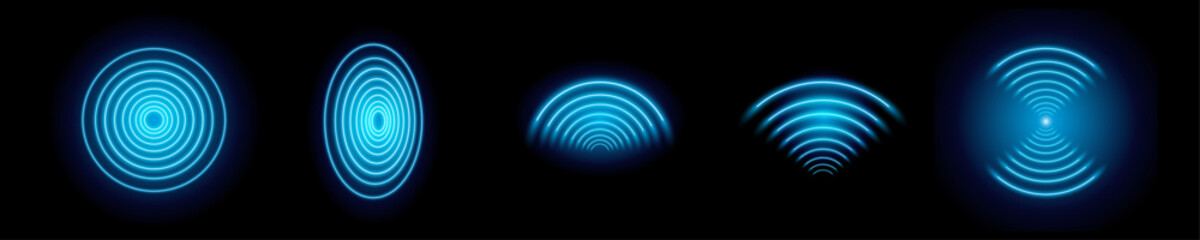 3D Wi-Fi light effect. Wireless networking with a wave effect collection. Glowing blue signal wifi, sensor, radar, and round circle waves wireless technology concept. Transparent neon circle wireless  - obrazy, fototapety, plakaty