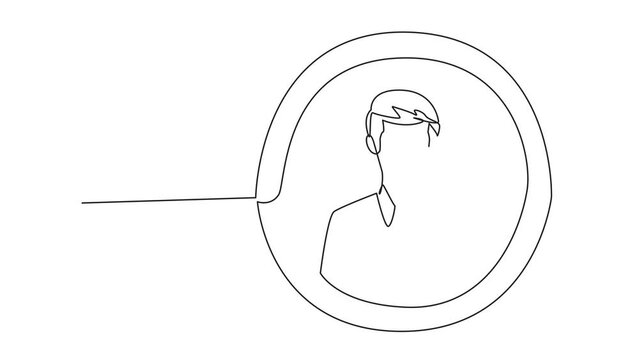 Self drawing animation of Single one line drawing of the circle magnifiers highlights to young successful businessman. Resembles an avatar for a photo on social media. Victorious. Full length animated