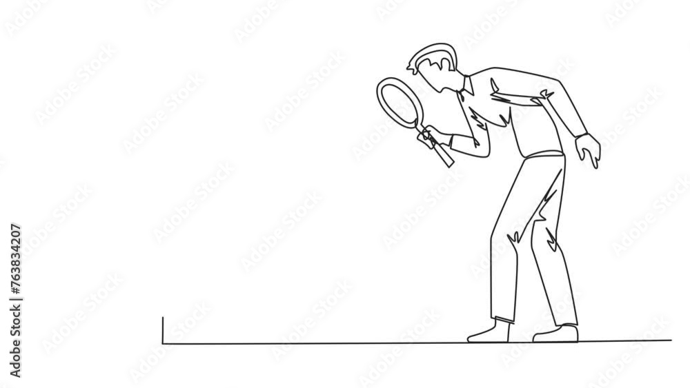 Poster self drawing animation of single continuous line drawing businessman stood holding the magnifier and