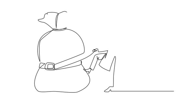 Animation of one line drawing of single continuous line drawing Arab businesswoman wrapped around, pulled money bag with a belt. Investment decrease. Save on unnecessary expenses. Full length motion