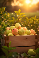 Quince fruit harvested in a wooden box in a field with sunset. Natural organic vegetable abundance. Agriculture, healthy and natural food concept. Vertical composition.