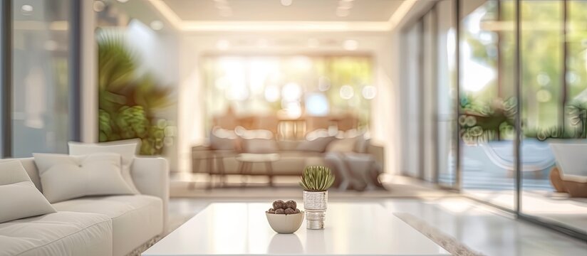 A modern living room with a white couch and a matching coffee table, set against a backdrop of white walls and wooden flooring