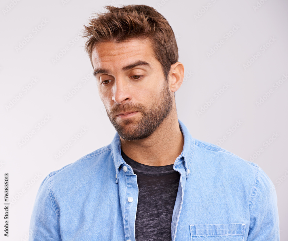 Poster Man, thinking or reflection with insight for solution, problem solving and decision on white background. Mindfulness, pensive and sad memory with thoughtful expression, choice or remember in studio