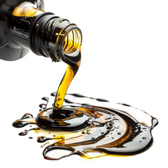 engine oil spill from its plastic container, isolated on a white background. With clipping path