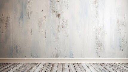 Empty room interior made of old grunge white plaster concrete wall and brown wooden floor, used as backdrop, backdrop or design element in architecture concept