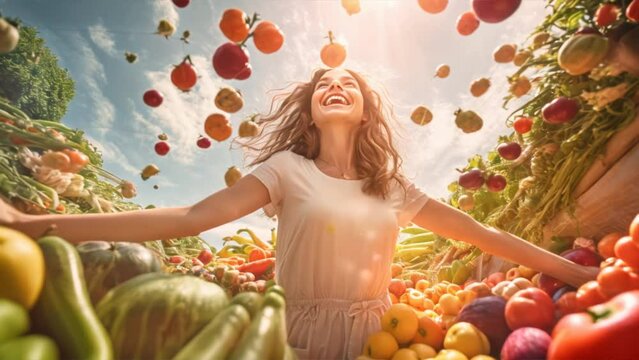 Beautiful woman is delighted with various fruits falling, woman with vegetables and fruits