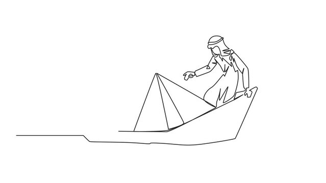 Animated self drawing of single continuous line drawing of Arabian businessman boarded a paper boat loaded with rolls of bills and almost drowned. Spending income. Full length single line animation
