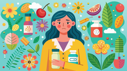 a vivid illustration of a woman with allergies to pollen, citrus fruits, berries. sad facial expression, redness, skin rash, poor health. Seasonal disease. allergy pills in your hands