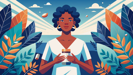 a black woman in a white coat, a researcher, against the background of plants and foliage shows the connection between natural remedies and medical science, harmonious interaction to maintain health.  - obrazy, fototapety, plakaty