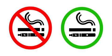 No smoking no vaping and smoking area sign set. Forbidden sign icon isolated on white background vector illustration. Cigarette, vape in prohibition circle and green allowed area.