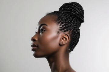 Profile of African woman with elaborate braided hairstyle. Ethnic beauty and fashion. - obrazy, fototapety, plakaty