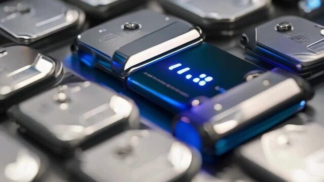 A close-up shot of a lithium-ion battery with a glowing charge indicator.