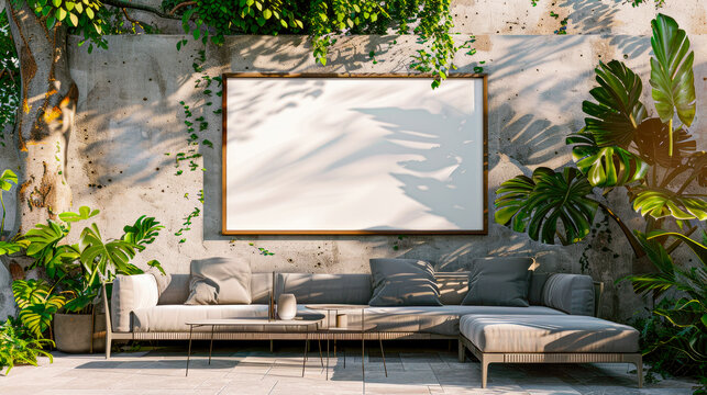 Terrace with bench sofa and a blank poster frame on a wall. Lounge area.