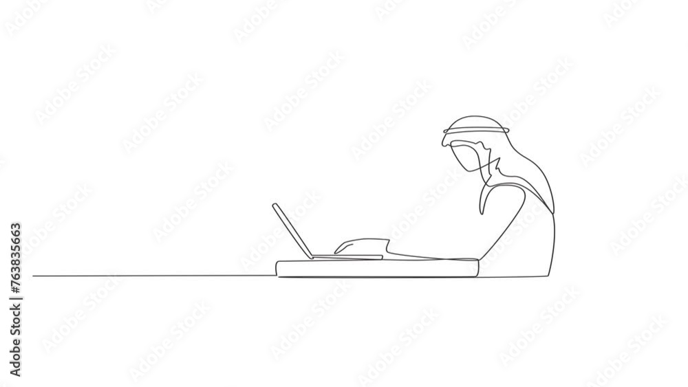 Poster animation of one line drawing of single continuous line drawing of young arabian man sitting in a ga