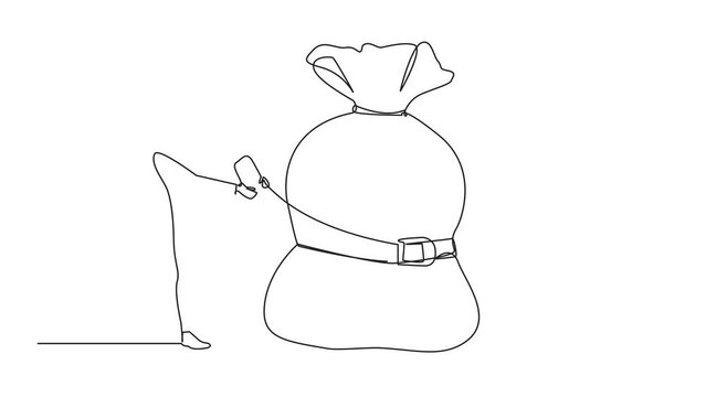 Animation of one line drawing of single one line drawing Arab businessman wrapped around and pulled the money bag with a belt. Investment decrease. Save on unnecessary expenses. Full length motion