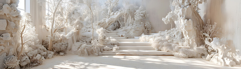 An indoor art installation transformed into a surreal winter wonderland with white trees and flora enveloping a staircase in soft light.