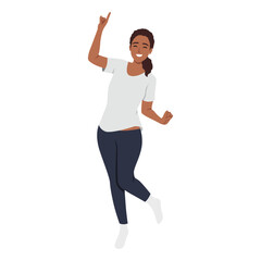 Happy surprised woman in jeans jumping in the air. Flat vector illustration isolated on white background