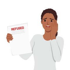 Sad female character near paper CV. Job rejection, bad resume. Flat vector illustration isolated on white background