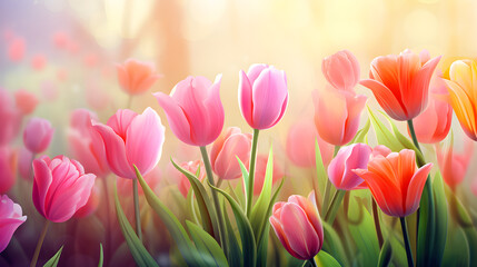 Watercolor illustration, delicate pink tulips attract attention with their sophistication and give a unique charm to the spring garden.