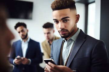 shot of a young man using his cellphone in the office with his colleagues - obrazy, fototapety, plakaty