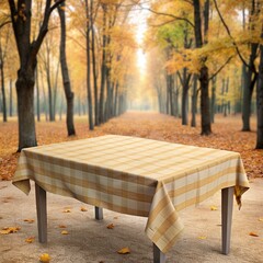 Wooden table with tablecloth among over autumn day and full of fall leaves background