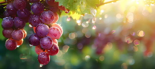 Grape bunches with dew drops gleaming in the soft morning sunlight, creating a bokeh effect. - obrazy, fototapety, plakaty